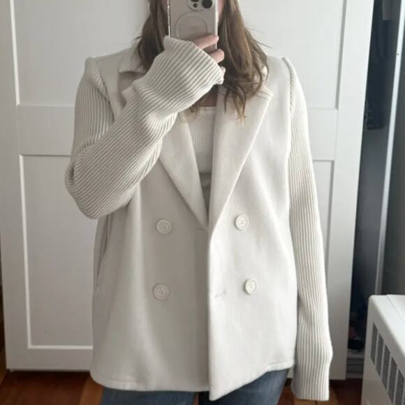 Splendid White Double Breasted Sweater Jacket SMALL Felted Boxy Career Wool $198 - Picture 9 of 10